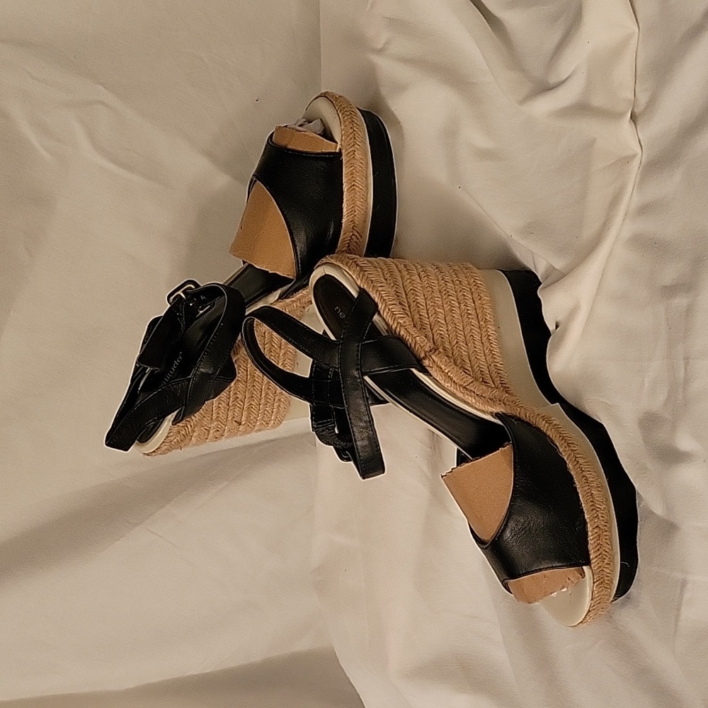 New Attitude black/white 5" Wedge. With buckle ankle strap. Jute heel n trim.
